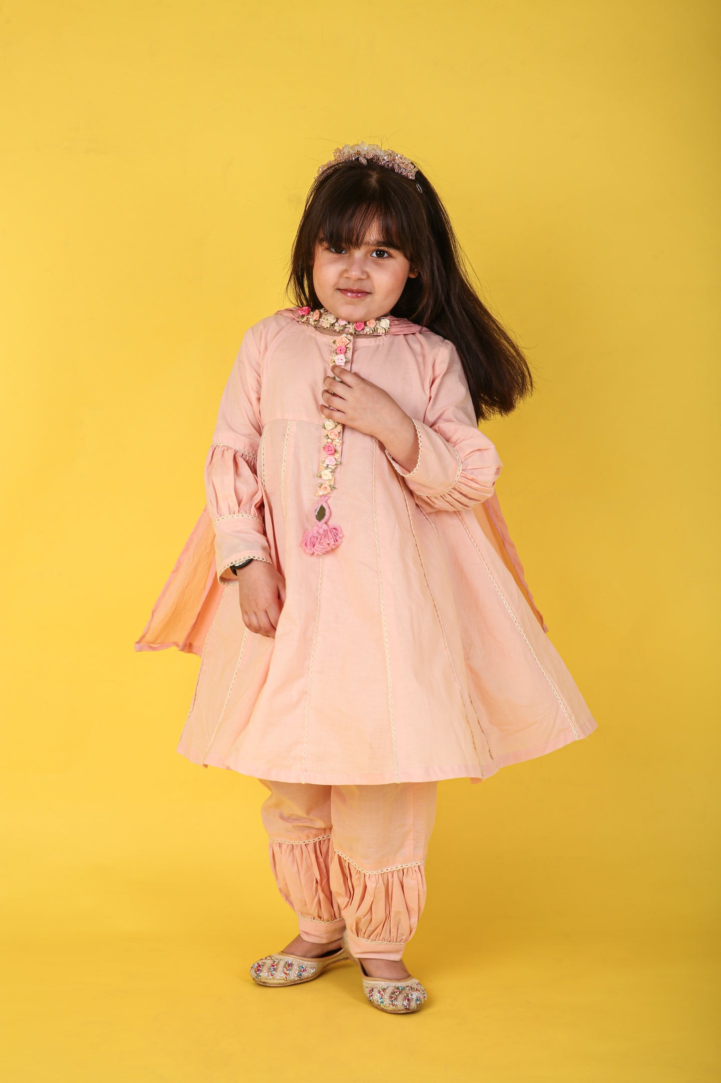Pink Cotton Anarkali with Balloon Pajama and Pure Shifton Dupatta