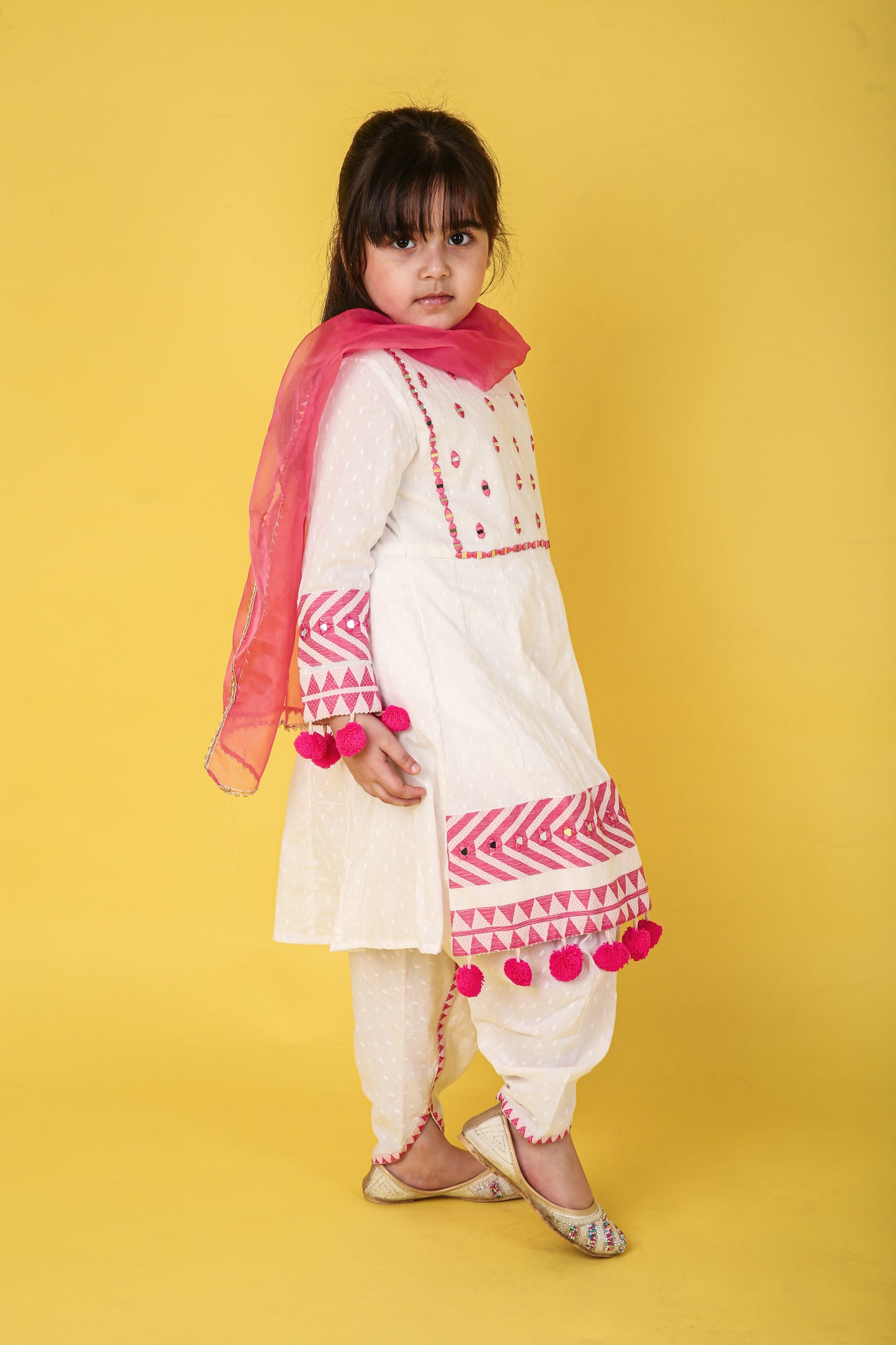 Afghan Pink Mirror Embroidery Frock with Dhoti Set for Girls