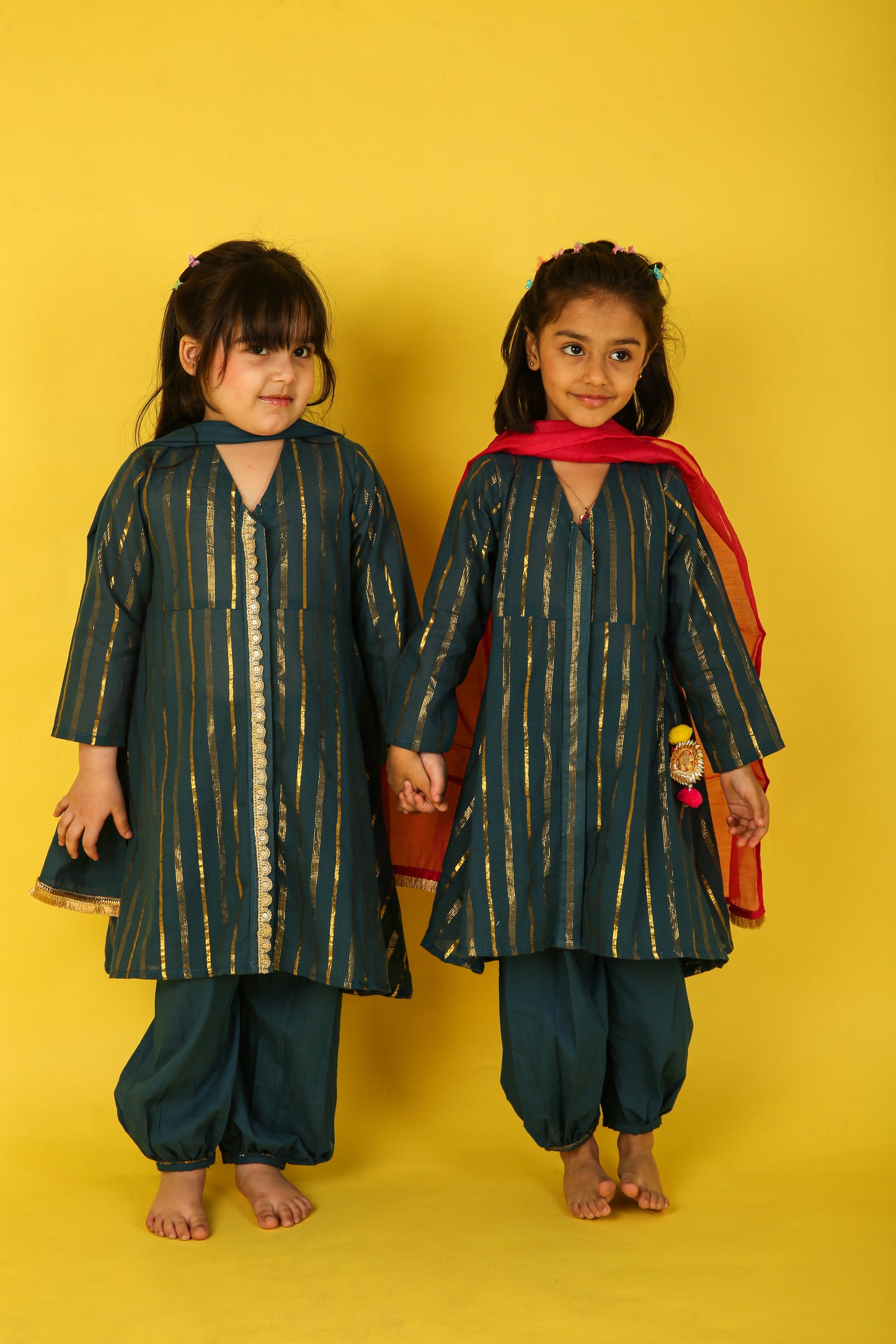 Teal Blue Frock with Pink Dupatta