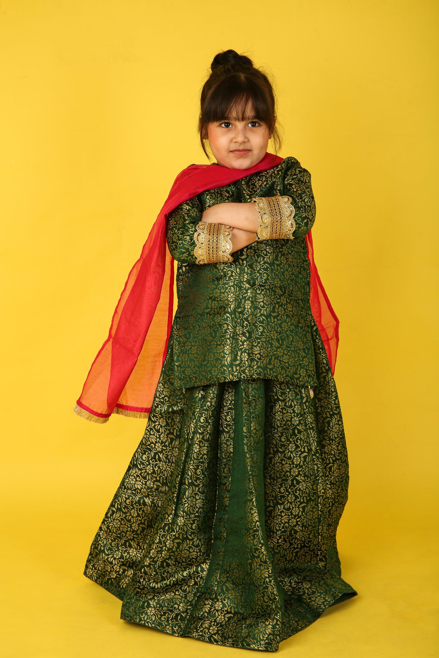 Green Banarsi Kurti Lahenga with Pink Shiffon Dupatta