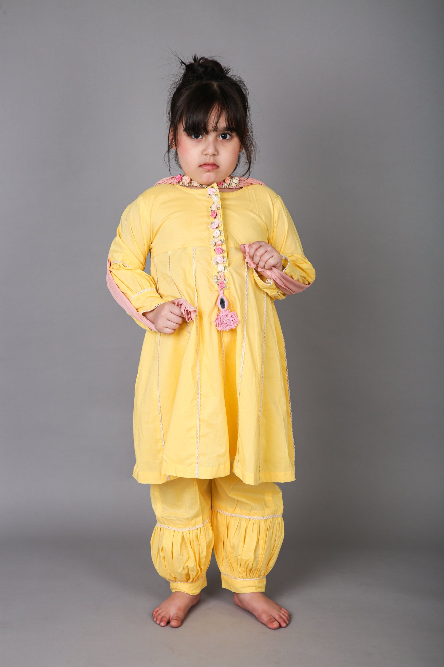 Yellow Cotton Anarkali with Balloon Pajama and Pure Shifton Dupatta