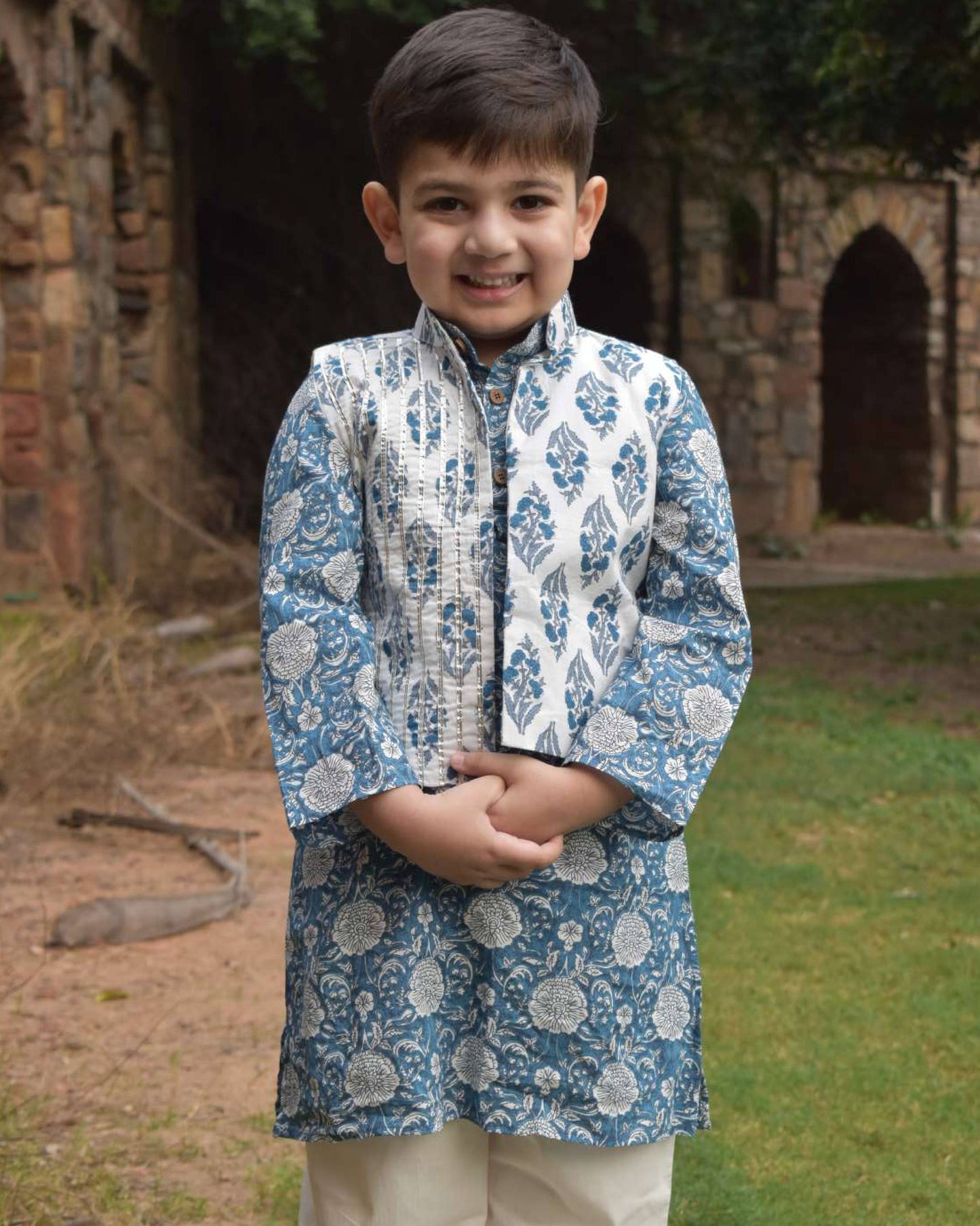 Jaipuri Print Cotton Kurta with long jacket - Boys