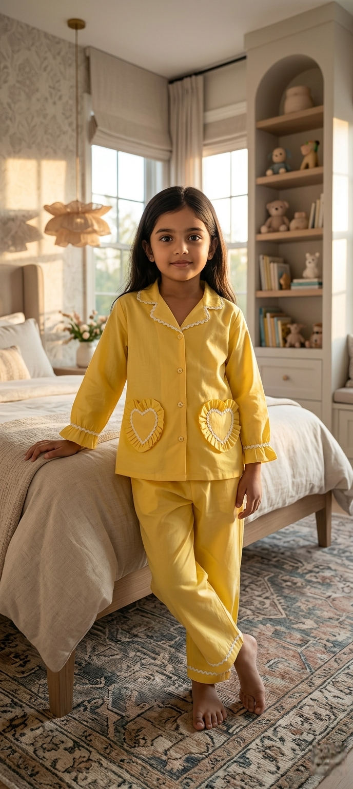 2 Piece Night Suit Set for Girls (Yellow)
