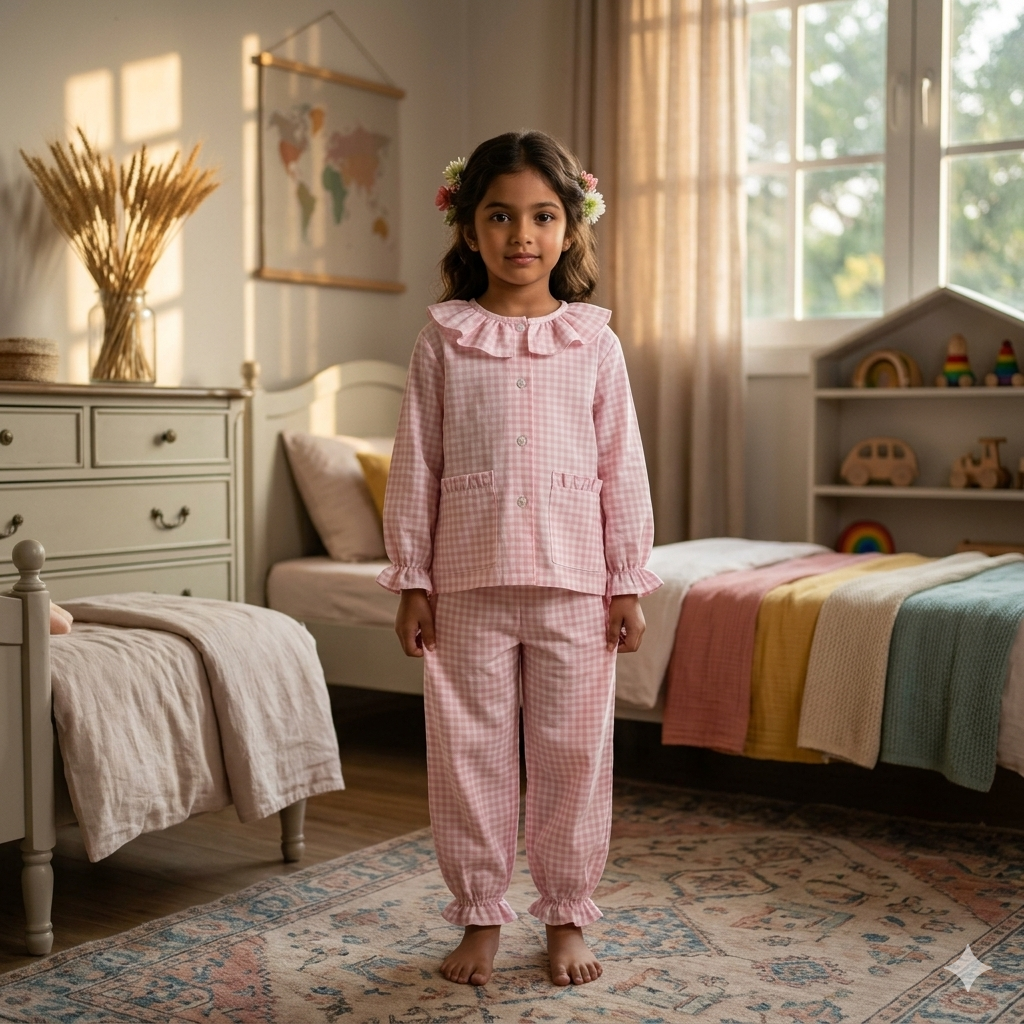 2 Piece Night Suit Set for Girls (Pink)