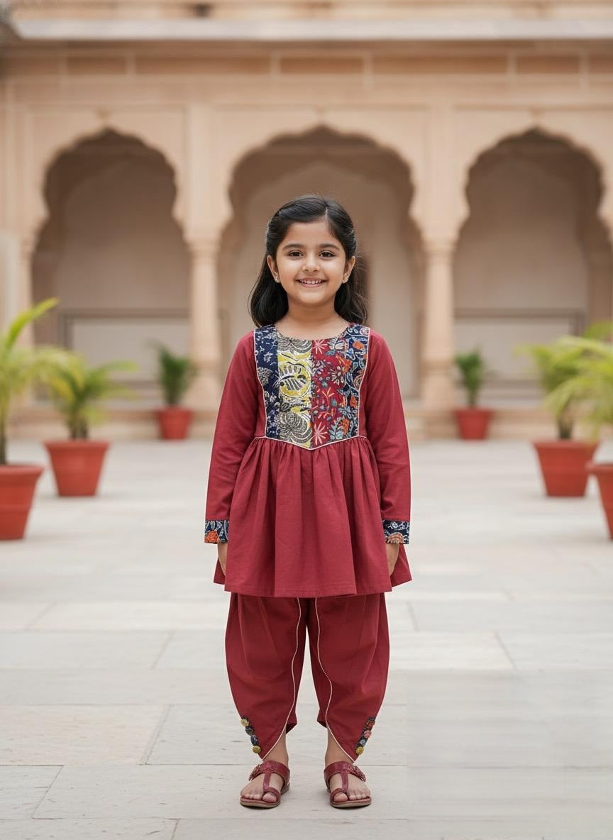 Maroon Multicolor Panel Cotton Suit