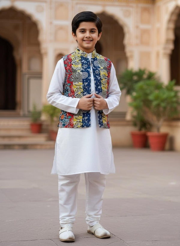 White Kurta & Pant with Multicolored Jaipuri Jacket for Boys