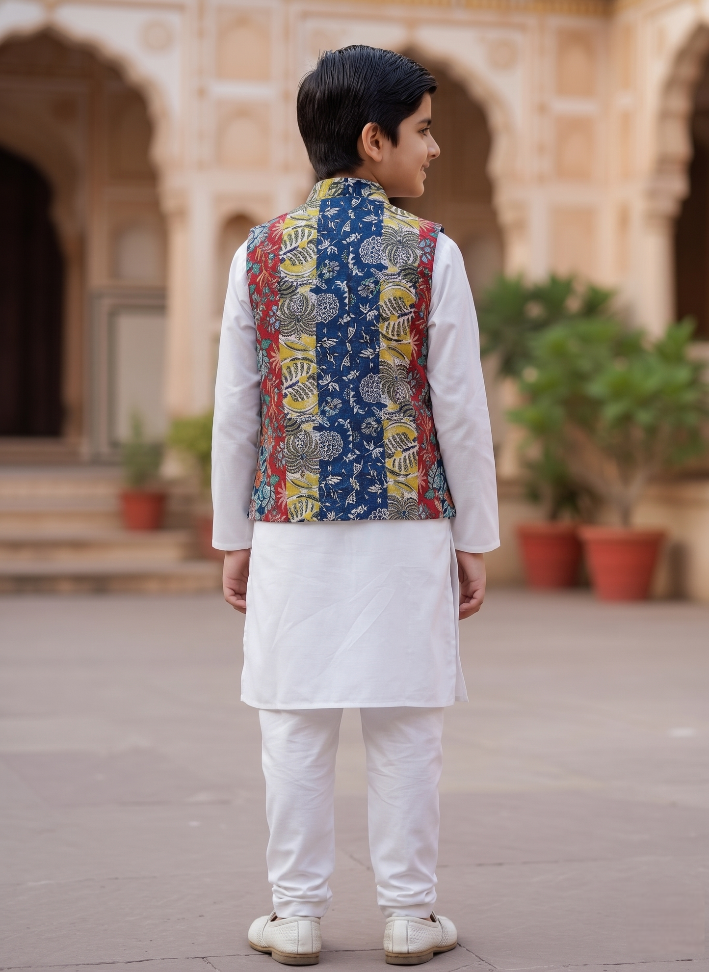 White Kurta & Pant with Multicolored Jaipuri Jacket for Boys