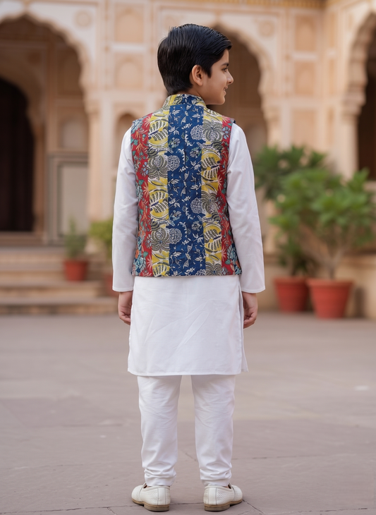 White Kurta & Pant with Multicolored Jaipuri Jacket for Boys