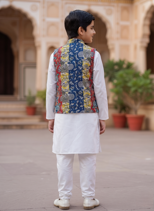 White Kurta & Pant with Multicolored Jaipuri Jacket for Boys