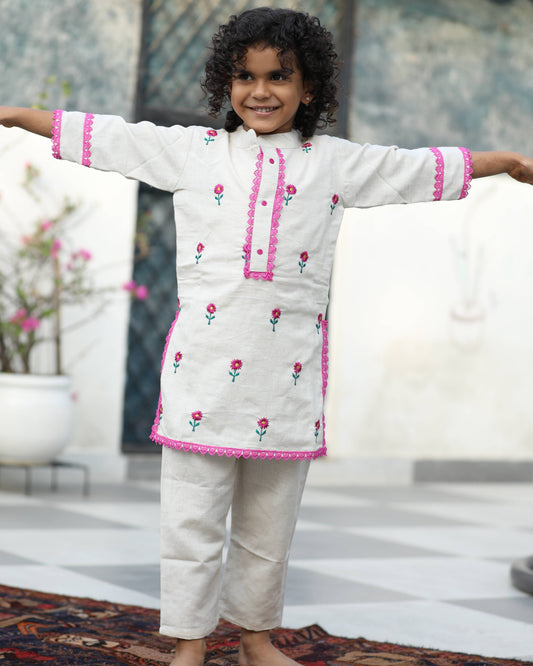 Cotton Rayon Floral Embroidered Kurta Set for Girls