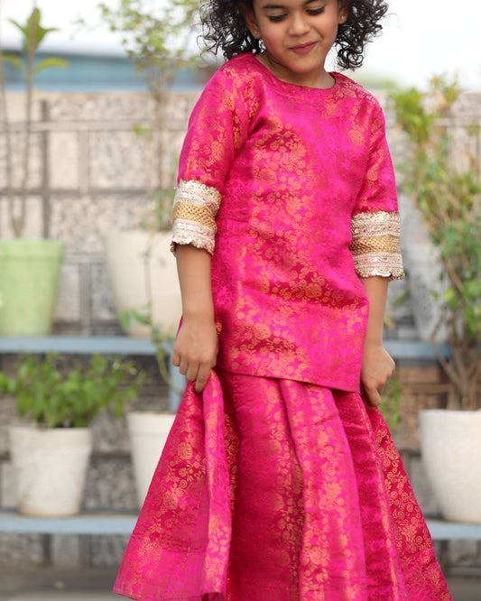 Magenta Pink Banarasi Long Kurti Lehenga Set for Girls