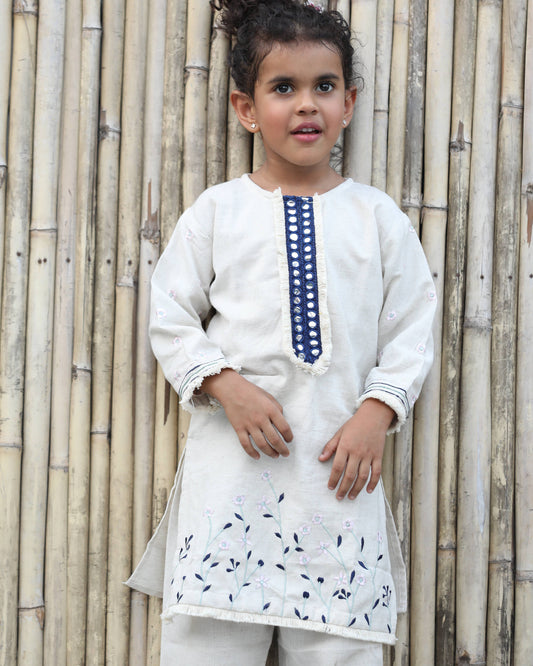 Blue Cotton Floral Embroidered Kurta Set for Girls