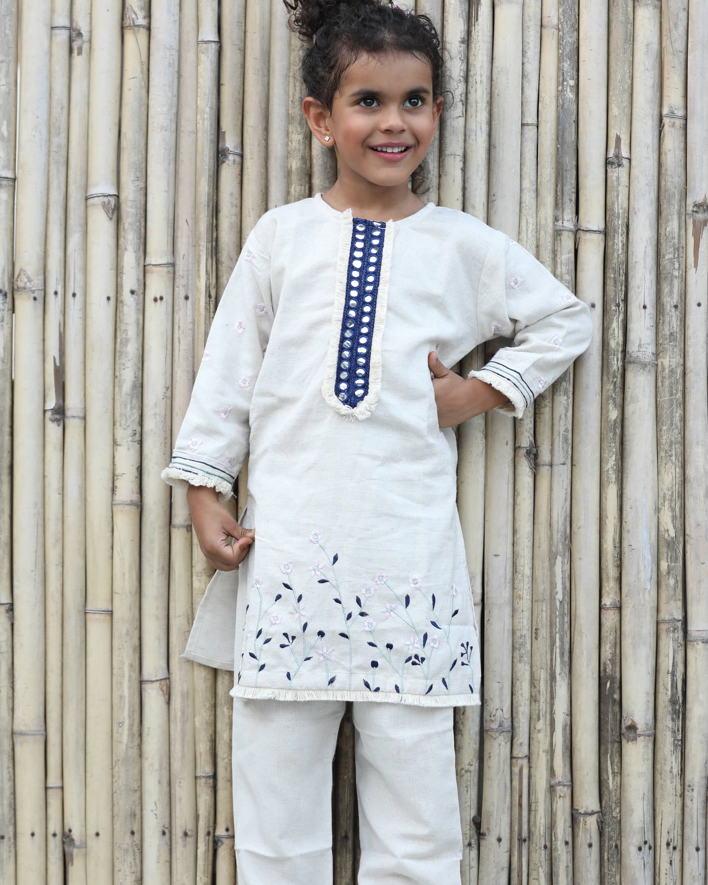Blue Cotton Floral Embroided Kurta Set