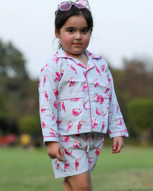 5 Piece Night Suit Set for Girls (White & Pink)