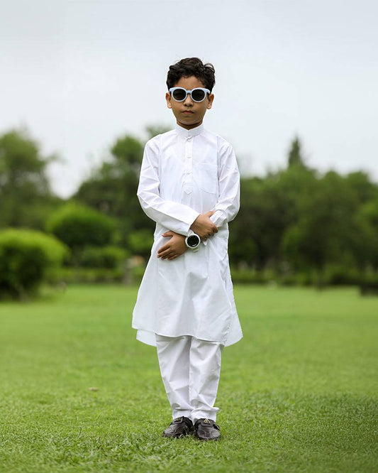Nooraani White Cotton Kurta Pajama Set for Boys