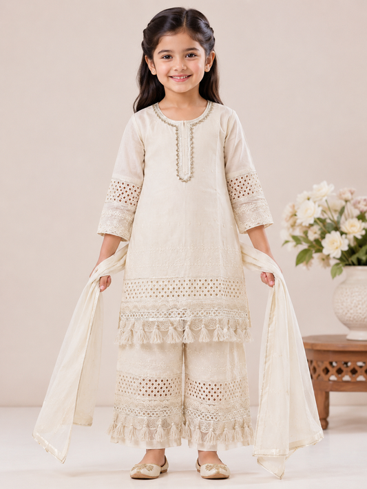 Cream Chikan Plaza set for Girls