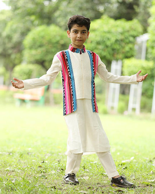 Afghan Gulabi Boys Kurta with Jacket & Pajama Set