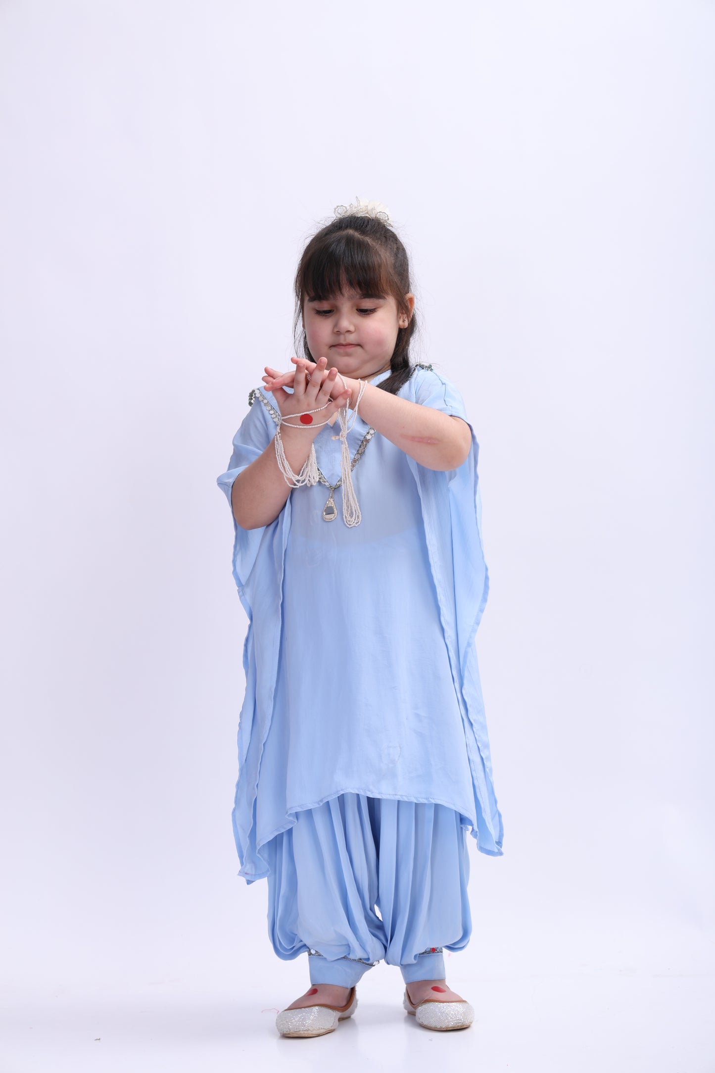 Aasmani Crape kaftan Patiala Salwar Set (with Seperate inner)