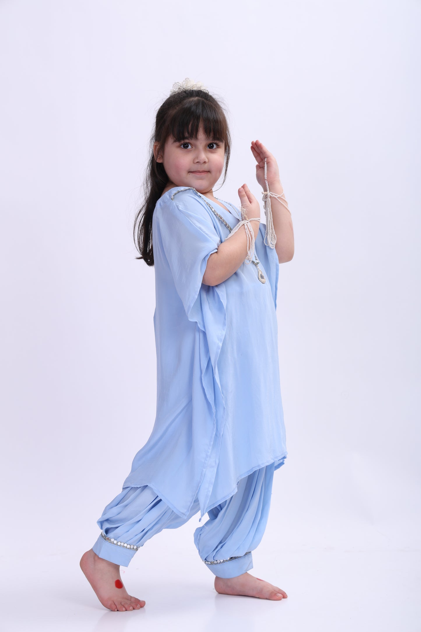 Aasmani Crape kaftan Patiala Salwar Set (with Seperate inner)