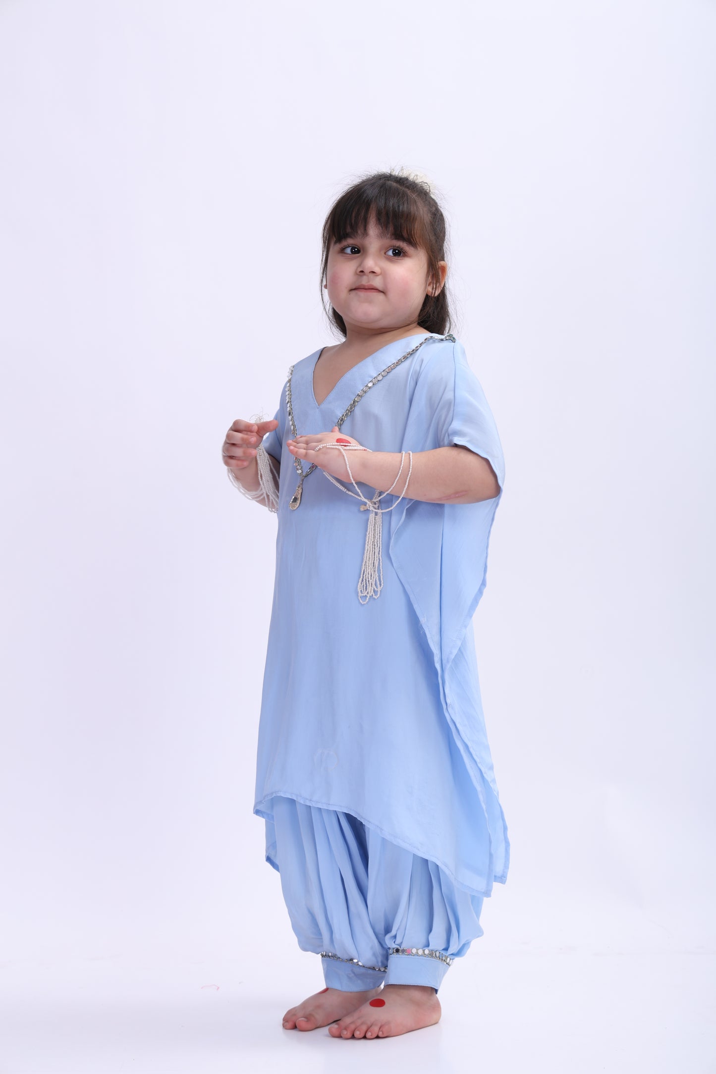 Aasmani Crape kaftan Patiala Salwar Set (with Seperate inner)
