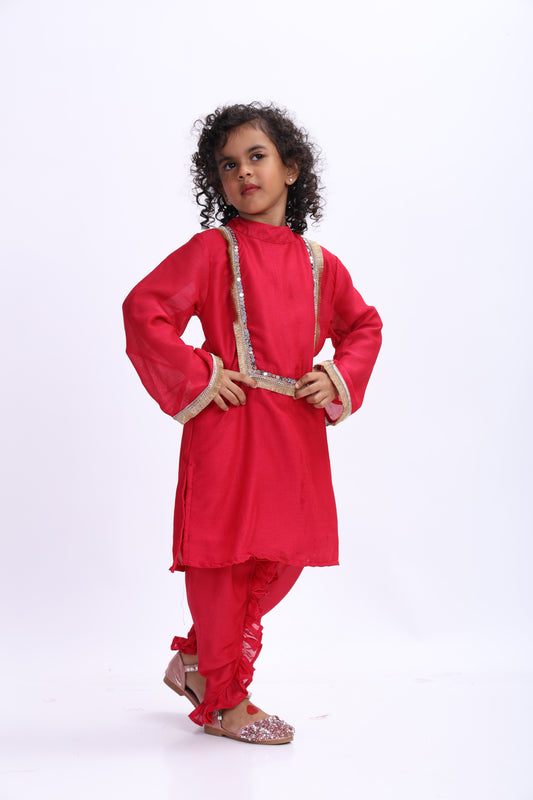 Magenta Gori Frilled Dhoti Set for Girls
