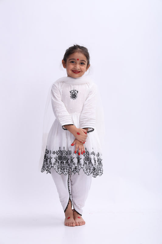 White Chikankari Suit with Embroidery for Girls