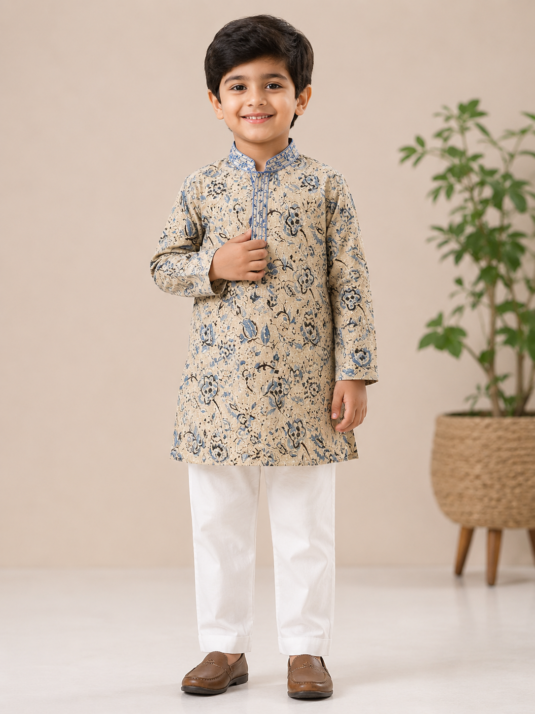 Jaipuri Grey Print Pure Cotton Kurta & Trouser for Boys