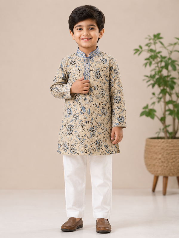 Jaipuri Grey Print Pure Cotton Kurta & Trouser for Boys