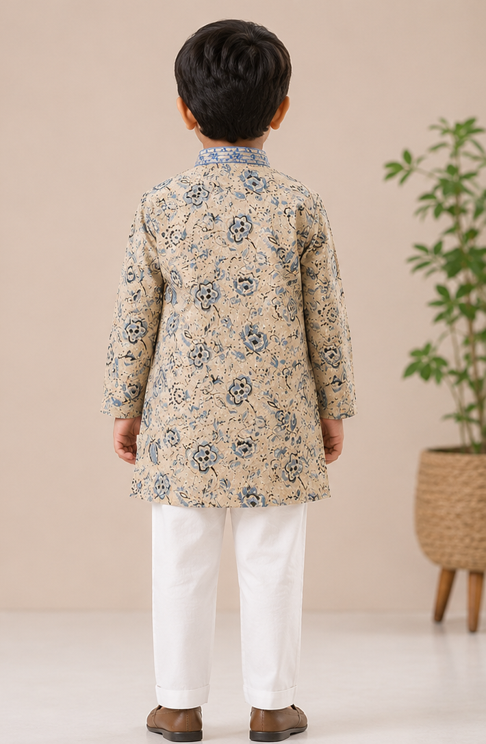 Jaipuri Grey Print Pure Cotton Kurta & Trouser for Boys