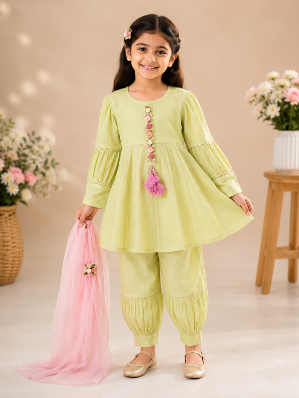 Pista Green Cotton Anarkali with Balloon Pajama & Pink Chiffon Dupatta for Girls