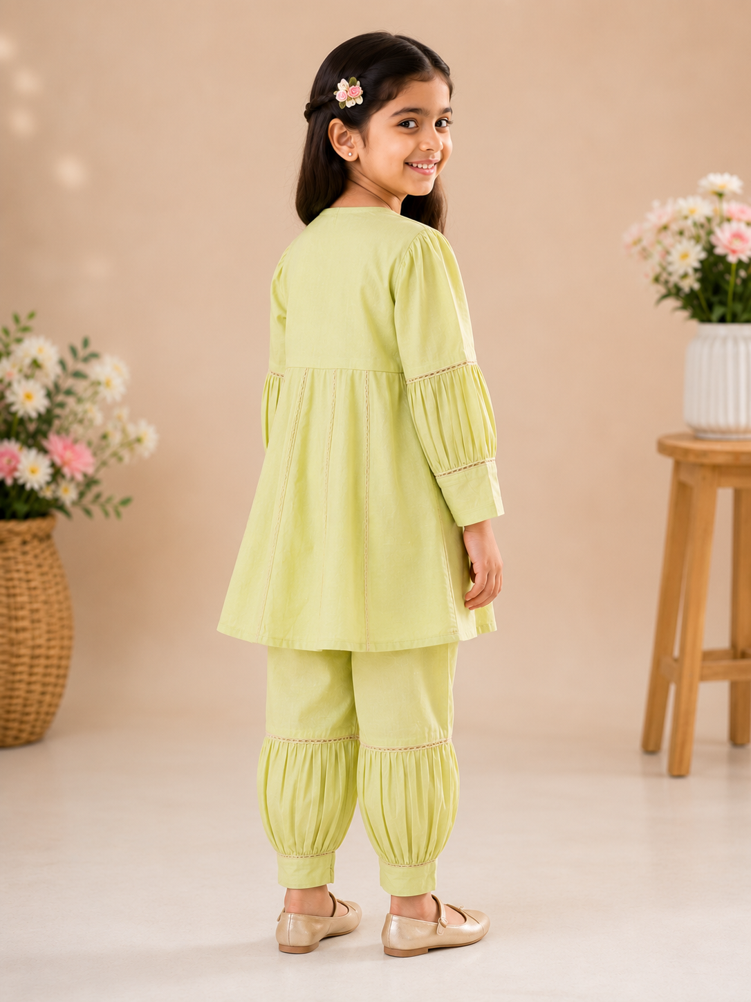 Pista Green Cotton Anarkali with Balloon Pajama & Pink Chiffon Dupatta for Girls