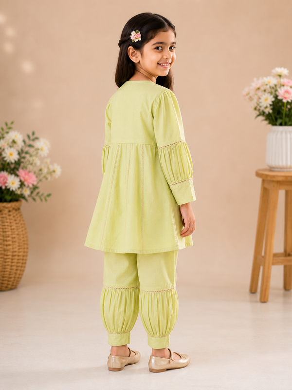 Pista Green Cotton Anarkali with Balloon Pajama & Pink Chiffon Dupatta for Girls