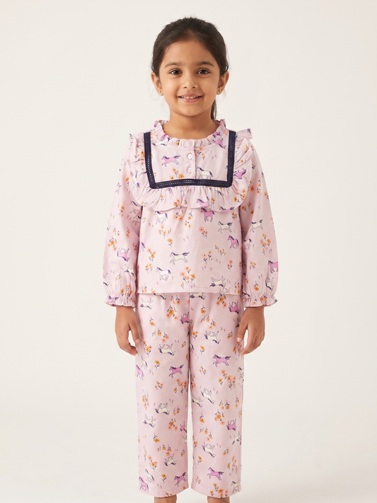 2 Piece hosiery Night Suit Set for Girls (Blue Lace)