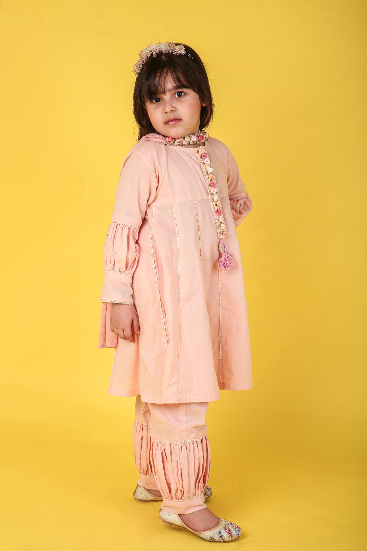 Pink Cotton Anarkali with Balloon Pajama and Pure Shifton Dupatta