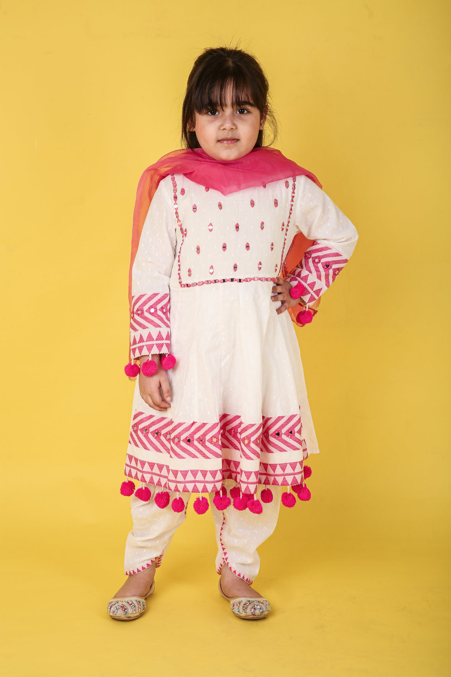 Afghan Pink Mirror Embroidery Frock with Dhoti Set for Girls