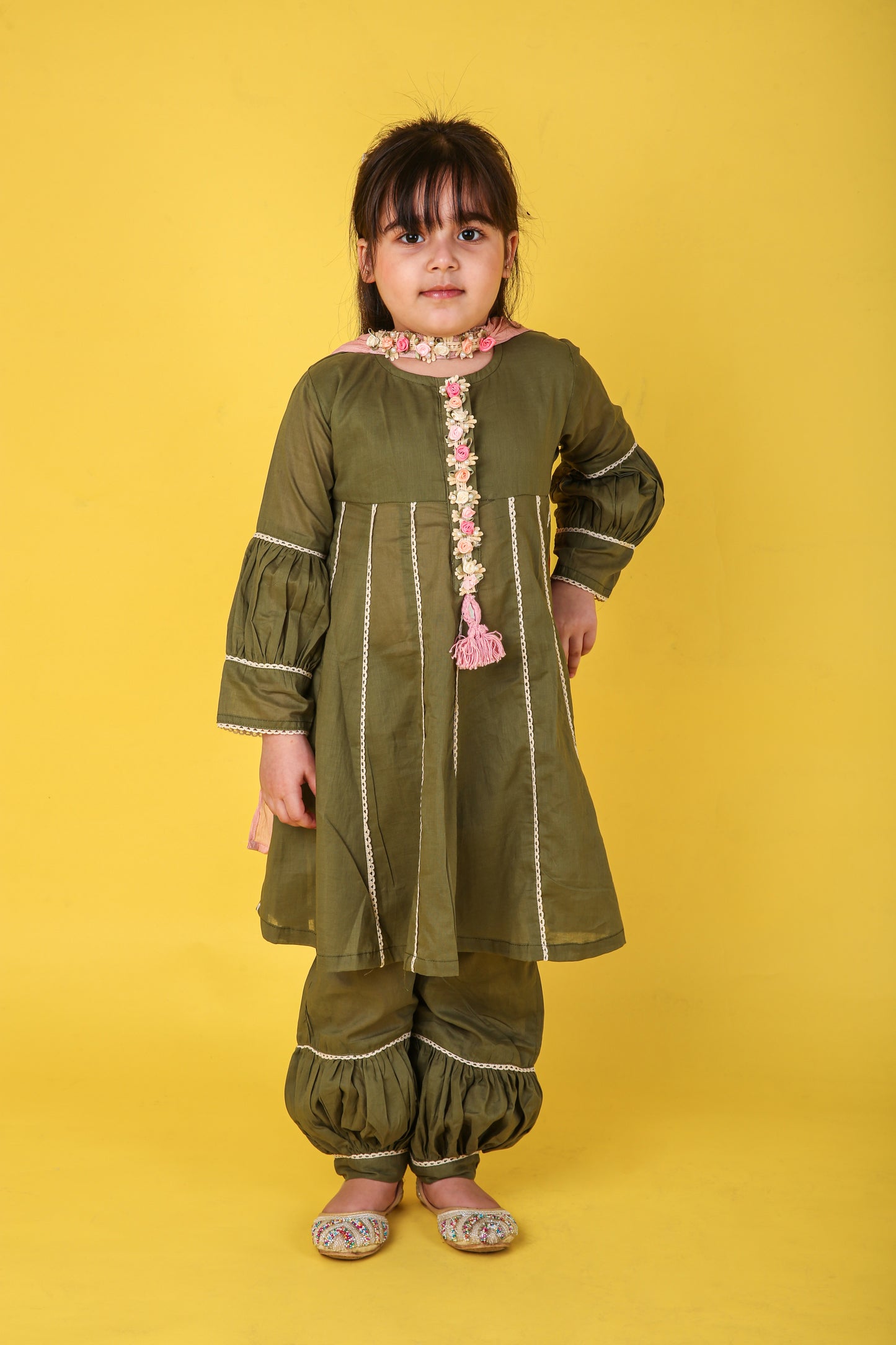 Green Cotton Anarkali with Balloon Pajama and Pure Shifton Dupatta