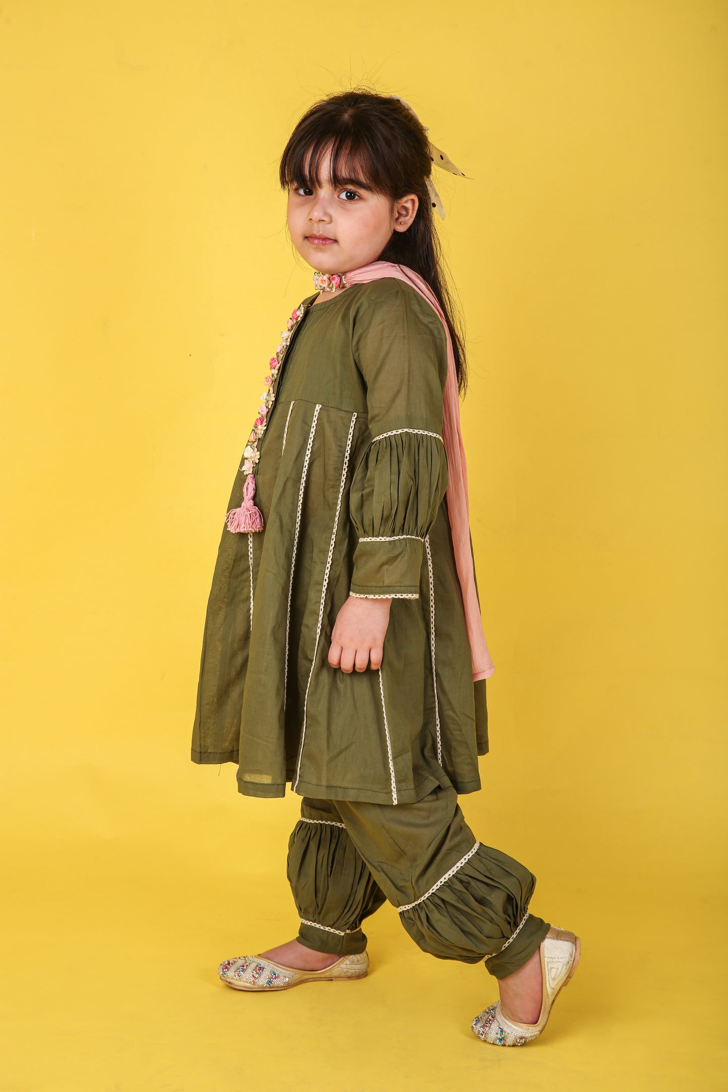 Green Cotton Anarkali with Balloon Pajama and Pure Shifton Dupatta