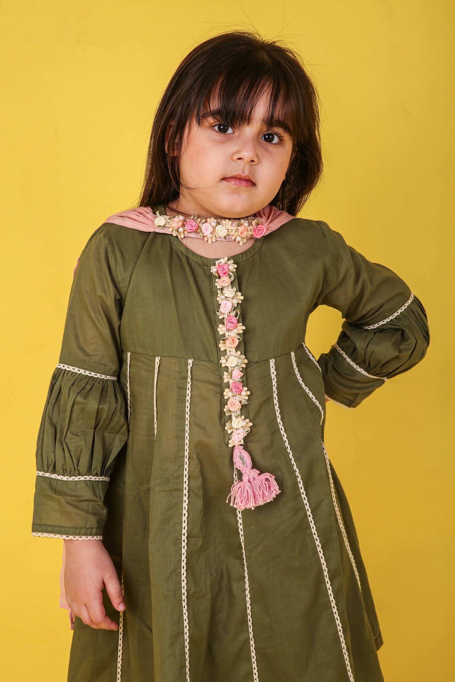 Green Cotton Anarkali with Balloon Pajama and Pure Shifton Dupatta