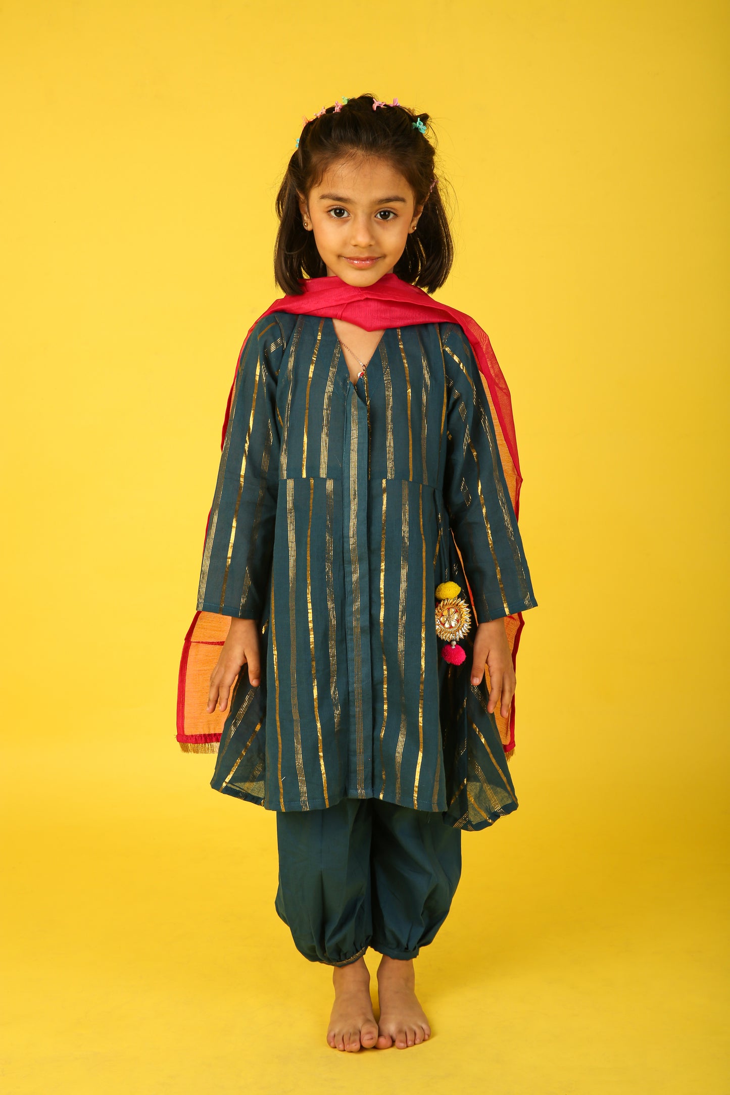 Teal Blue Frock with Pink Dupatta