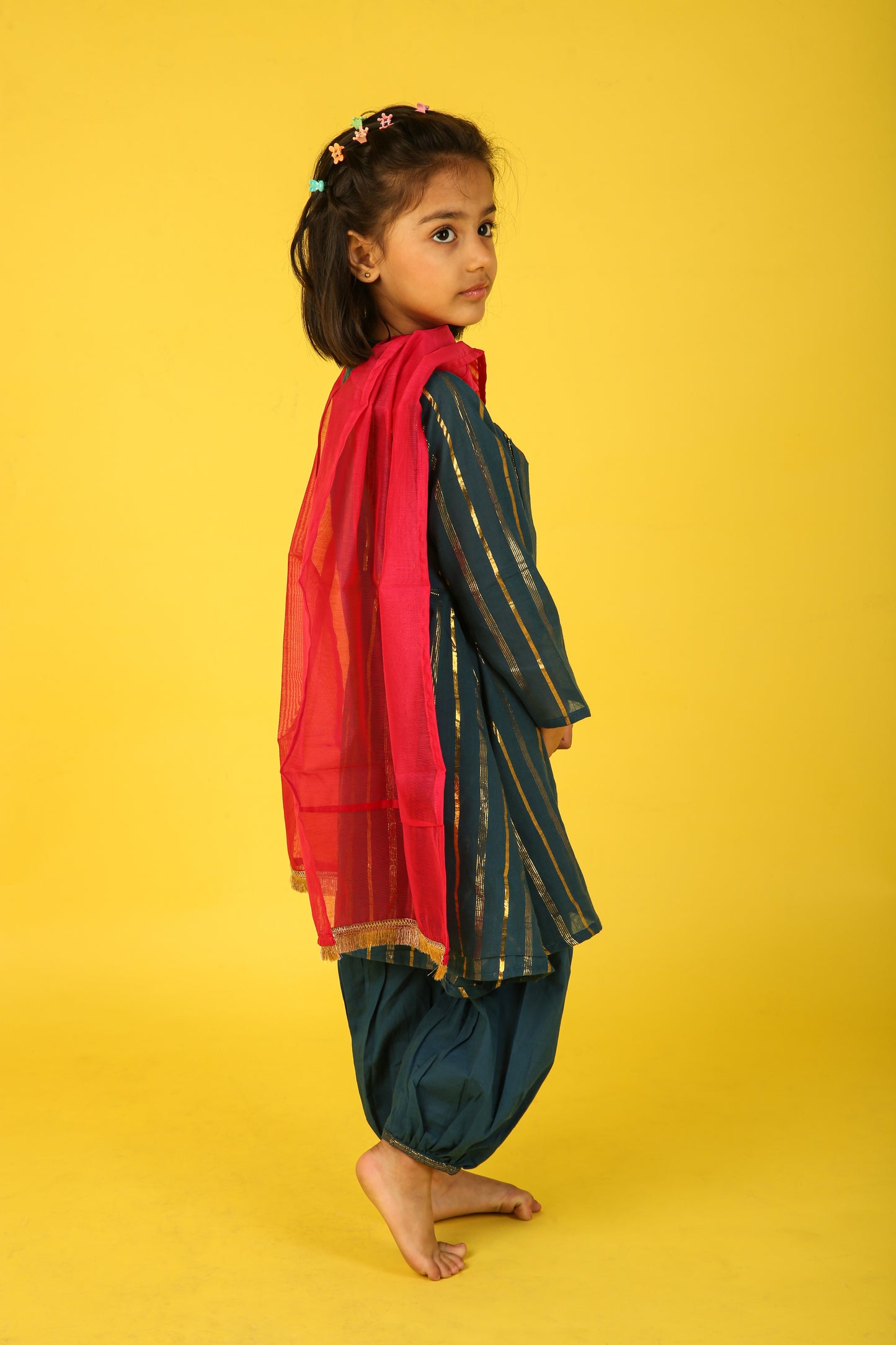 Teal Blue Frock with Pink Dupatta