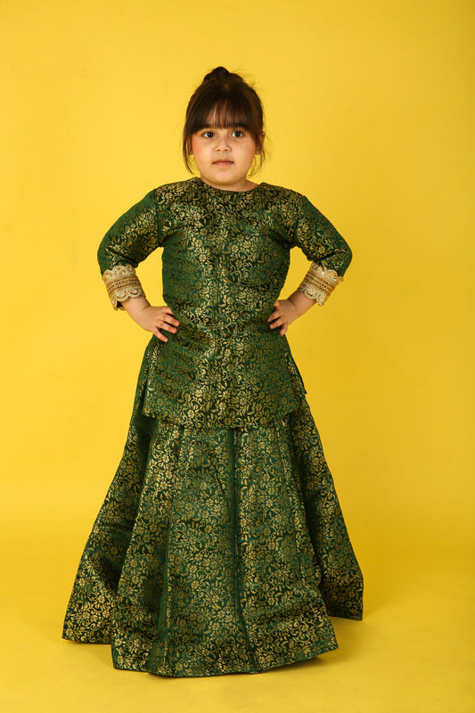 Green Banarasi Kurti Lehenga for Girls
