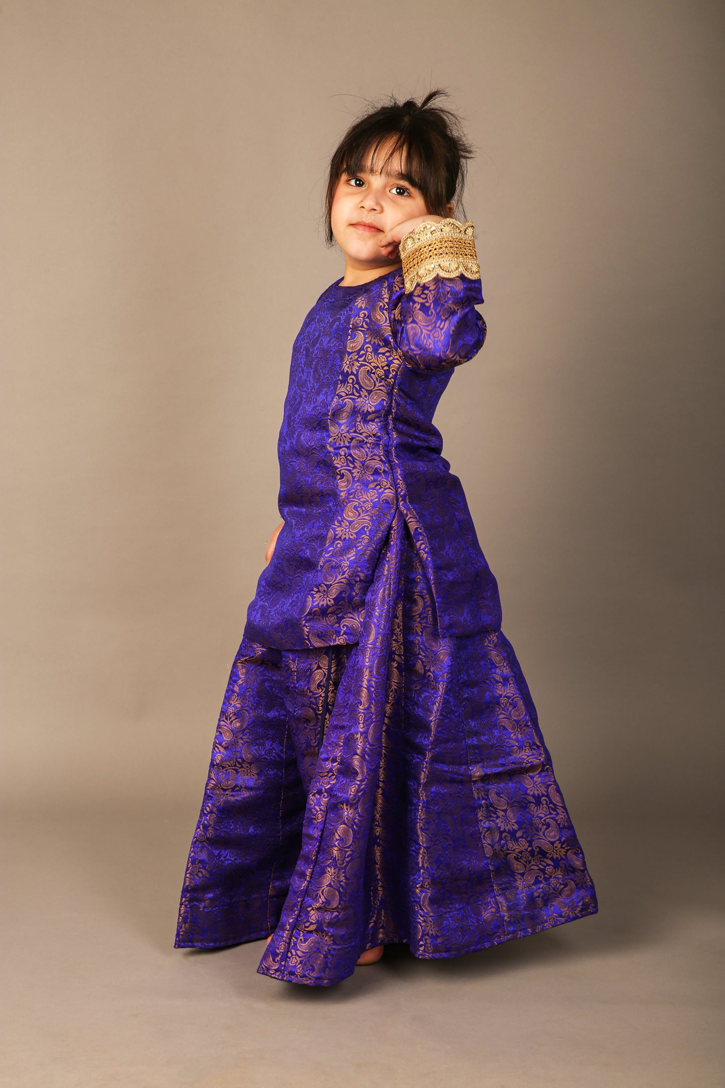 Dark Blue Banarsi Kurti Lahenga without Dupatta