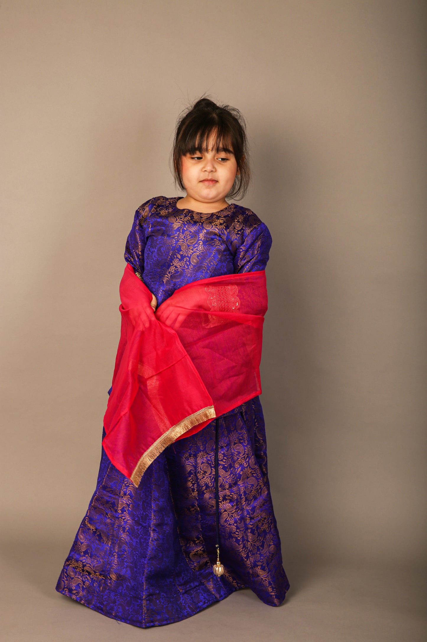 Dark Blue Banarsi Kurti Lahenga with Pink Shiffon Dupatta