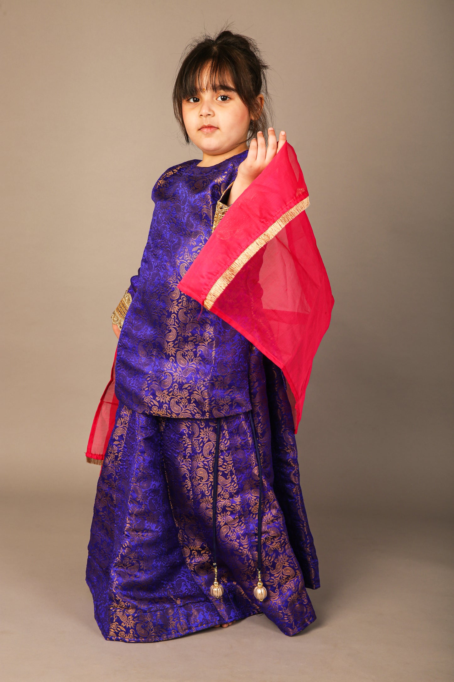 Dark Blue Banarsi Kurti Lahenga with Pink Shiffon Dupatta