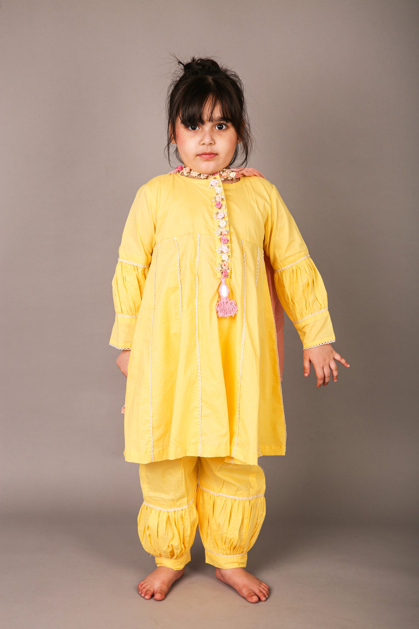 Yellow Cotton Anarkali with Balloon Pajama and Pure Shifton Dupatta