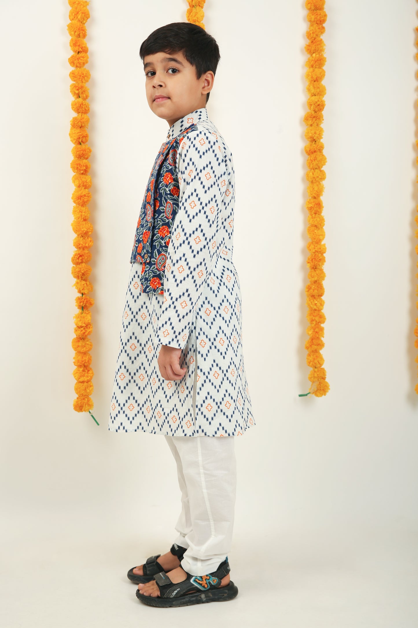 Genda Phool Cotton Kurta with Jacket & Trouser - Boys