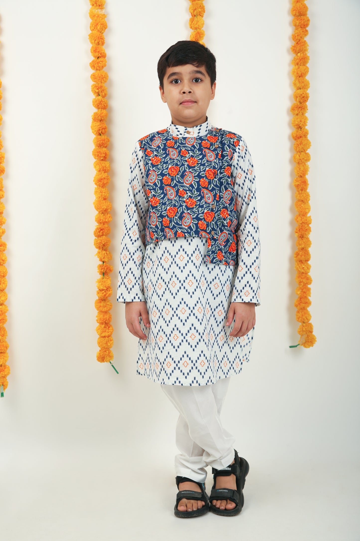 Genda Phool Cotton Kurta with Jacket & Trouser - Boys