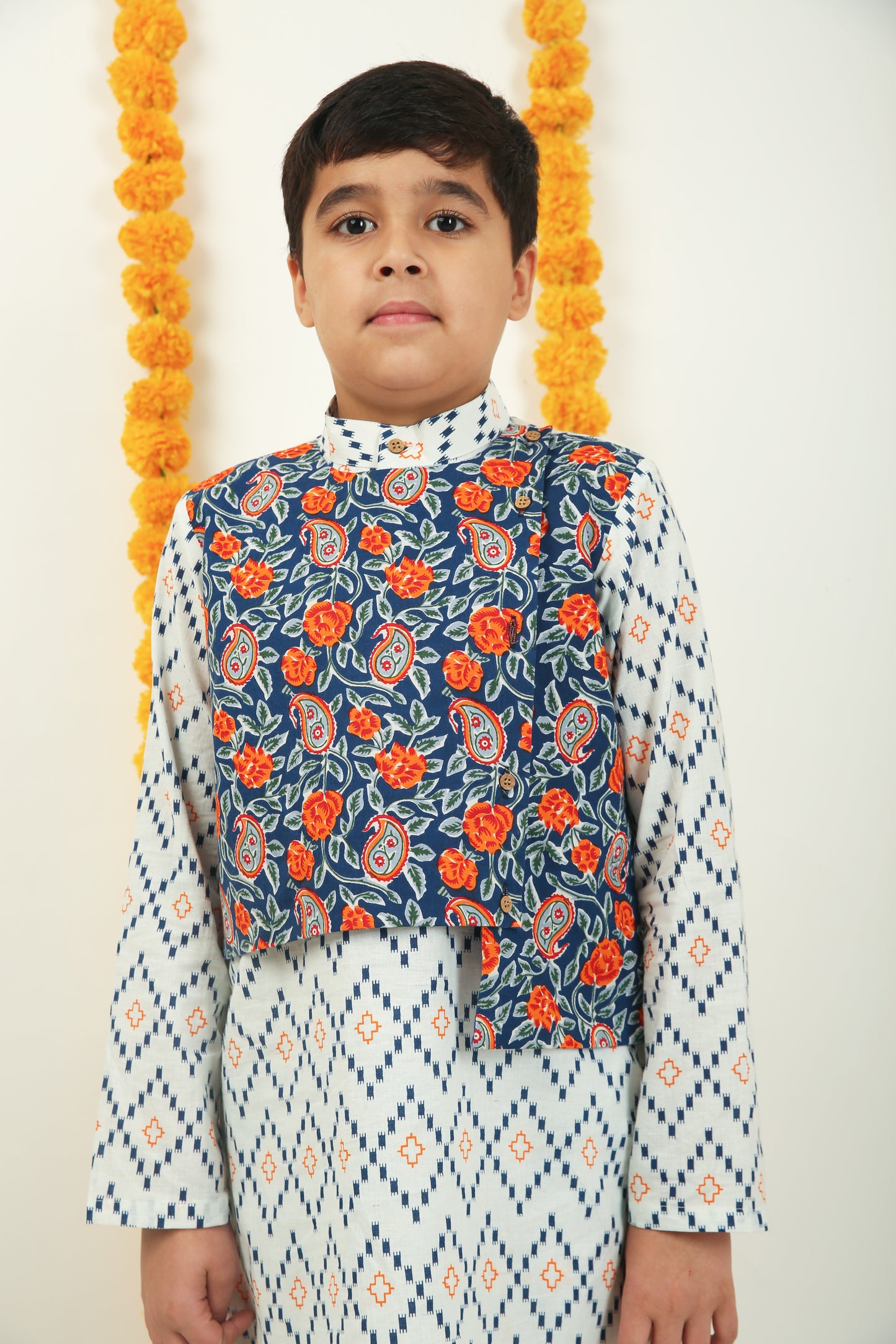 Genda Phool Cotton Kurta with Jacket & Trouser - Boys