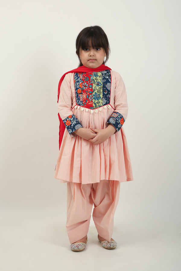 Peach Jaipuri Kurta with Farshi Shalwar Set for Girls