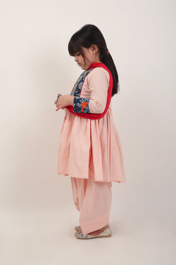 Peach Jaipuri Kurta with Farshi Shalwar Set for Girls